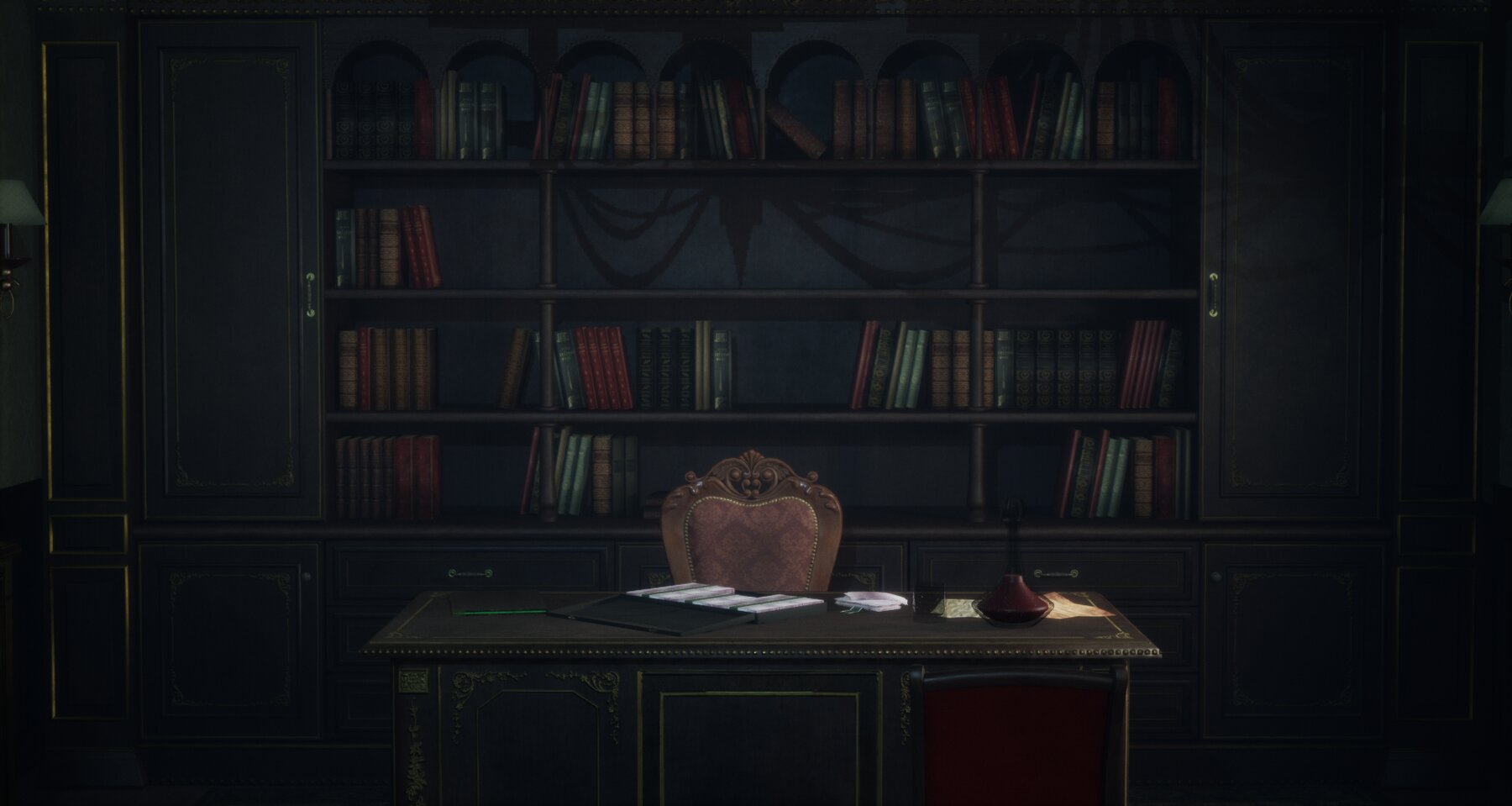 Unreal Engine interior environment, bookshelf and desk