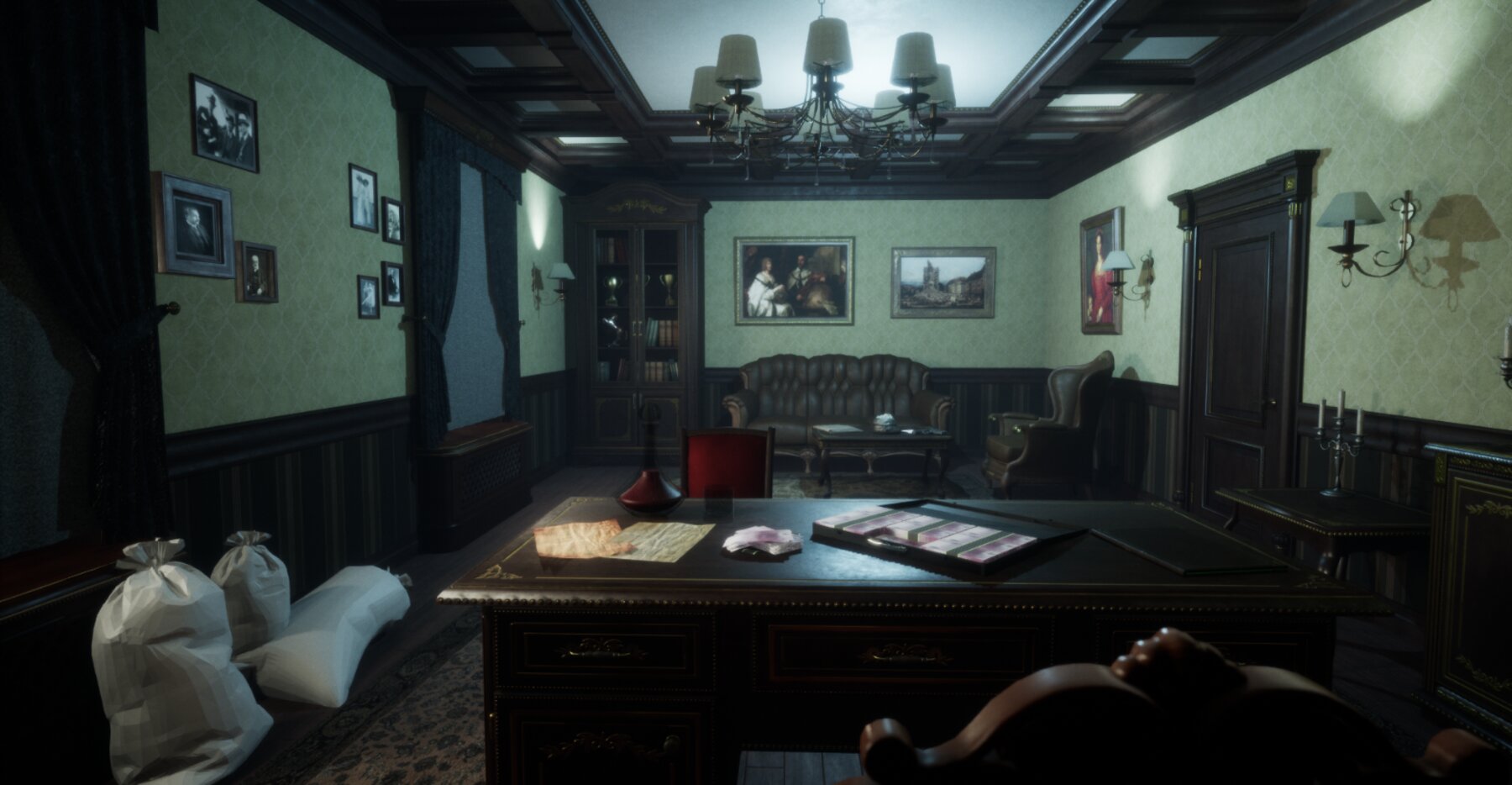 Unreal Engine interior environment, desk view
