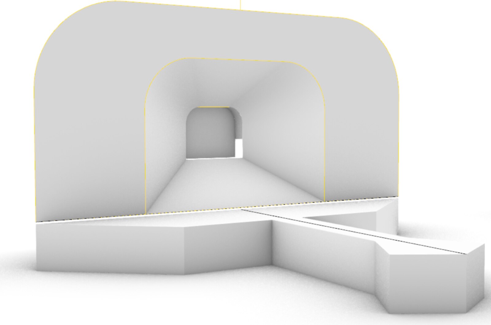 Grey-box 3D blockout of an arched LED tunnel stage structure