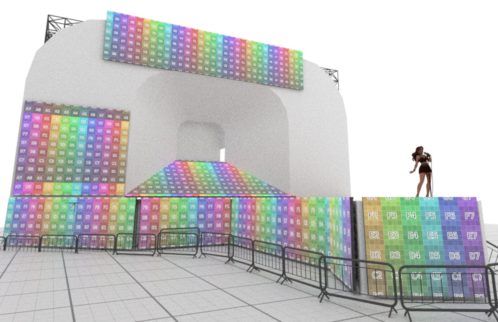 LED panel coverage map with labeled panel IDs across the tunnel stage