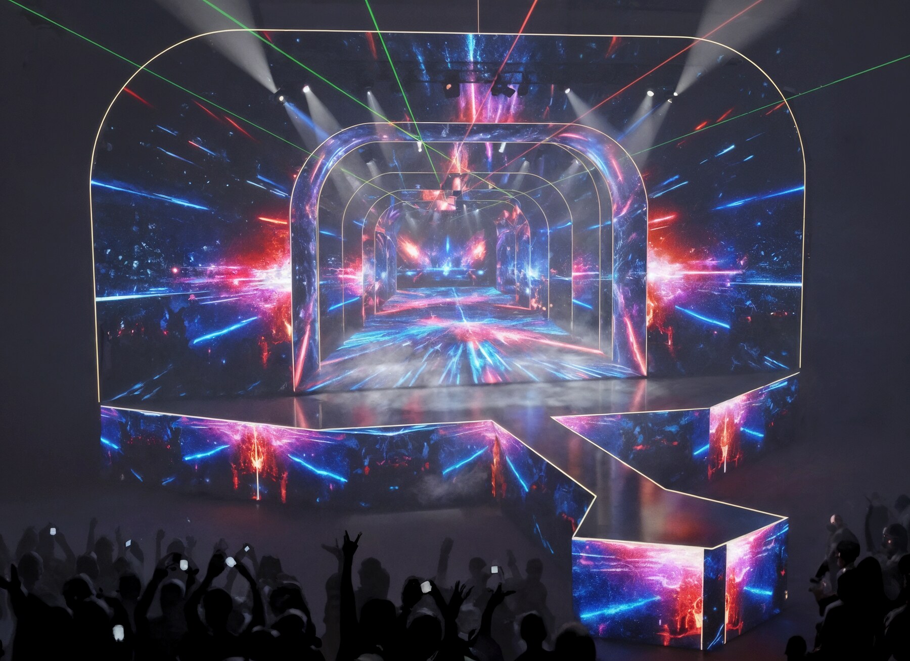 Rendered preview of the LED tunnel stage with cosmic content and stage lighting