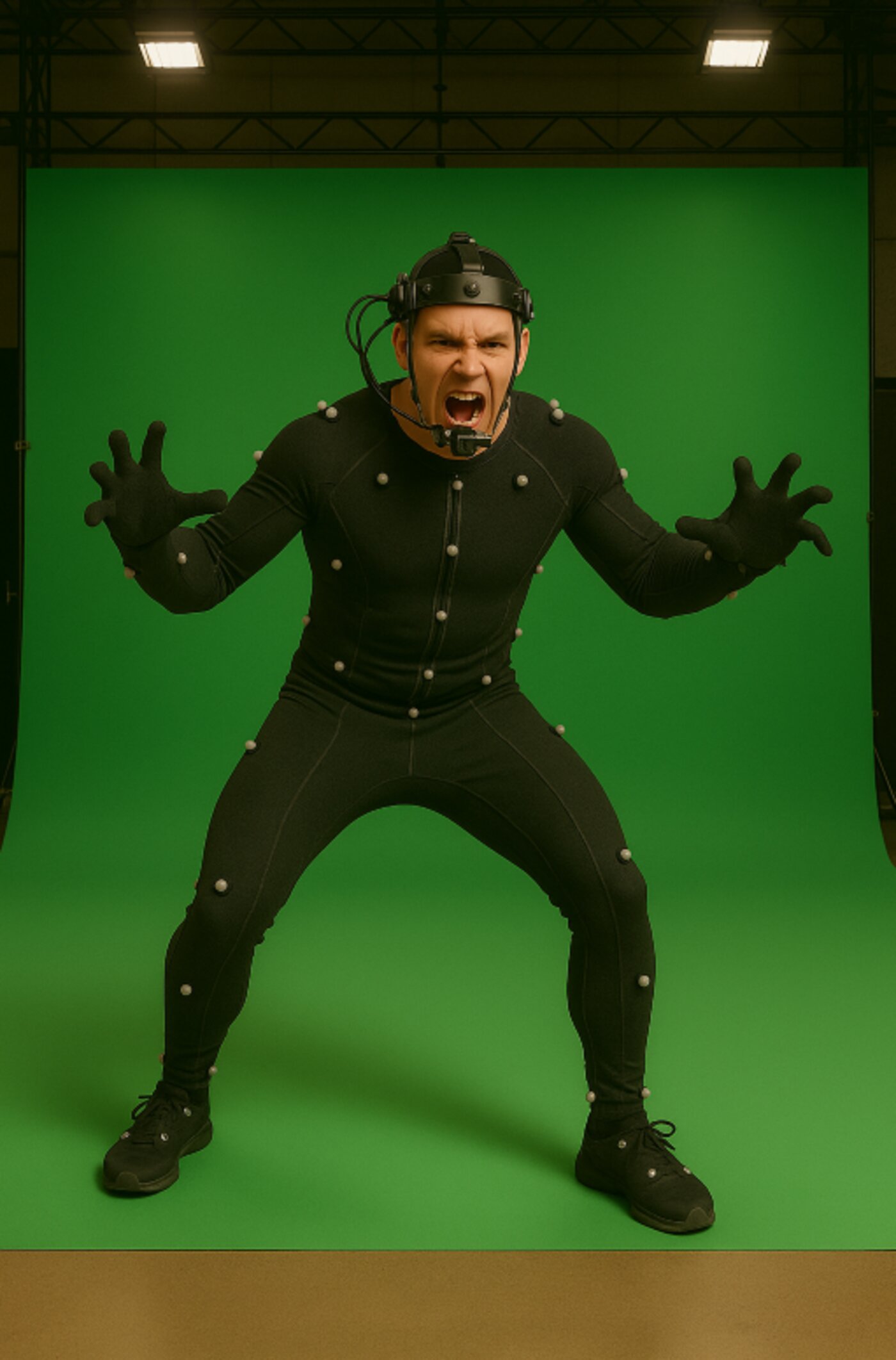 Performer in motion capture suit on set