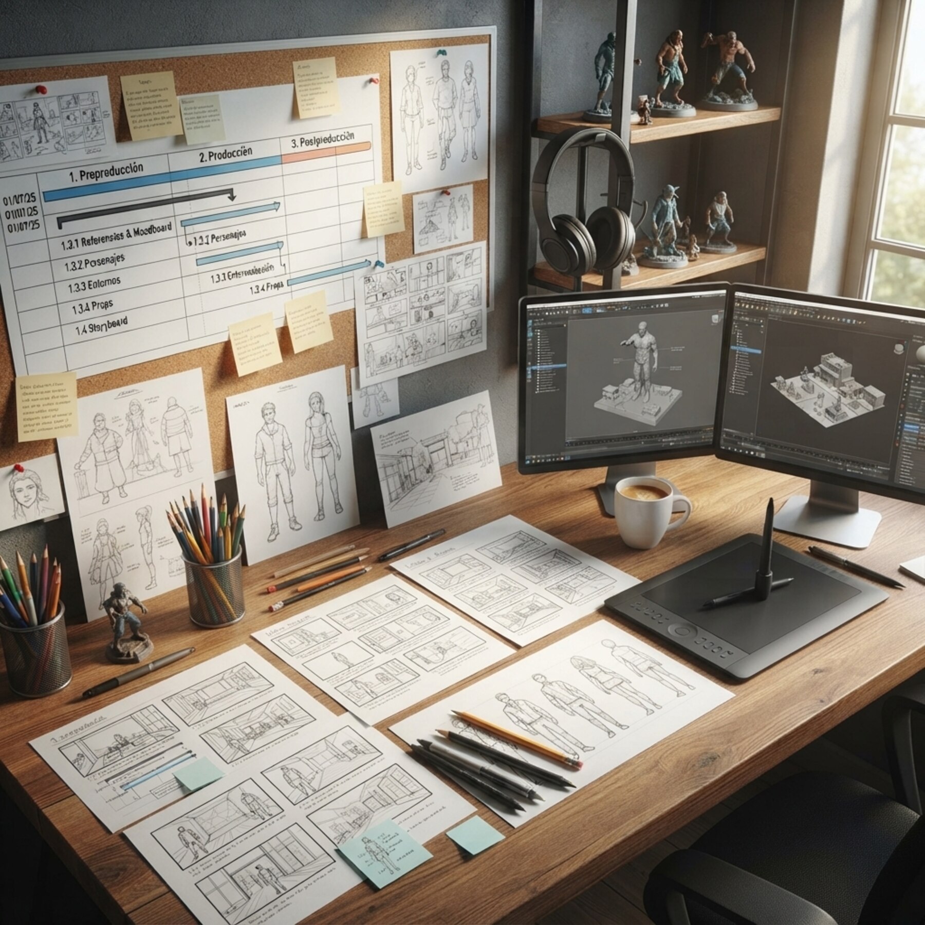 Preproduction desk with storyboard sheets, character sheets, a production schedule and 3D software open on two monitors