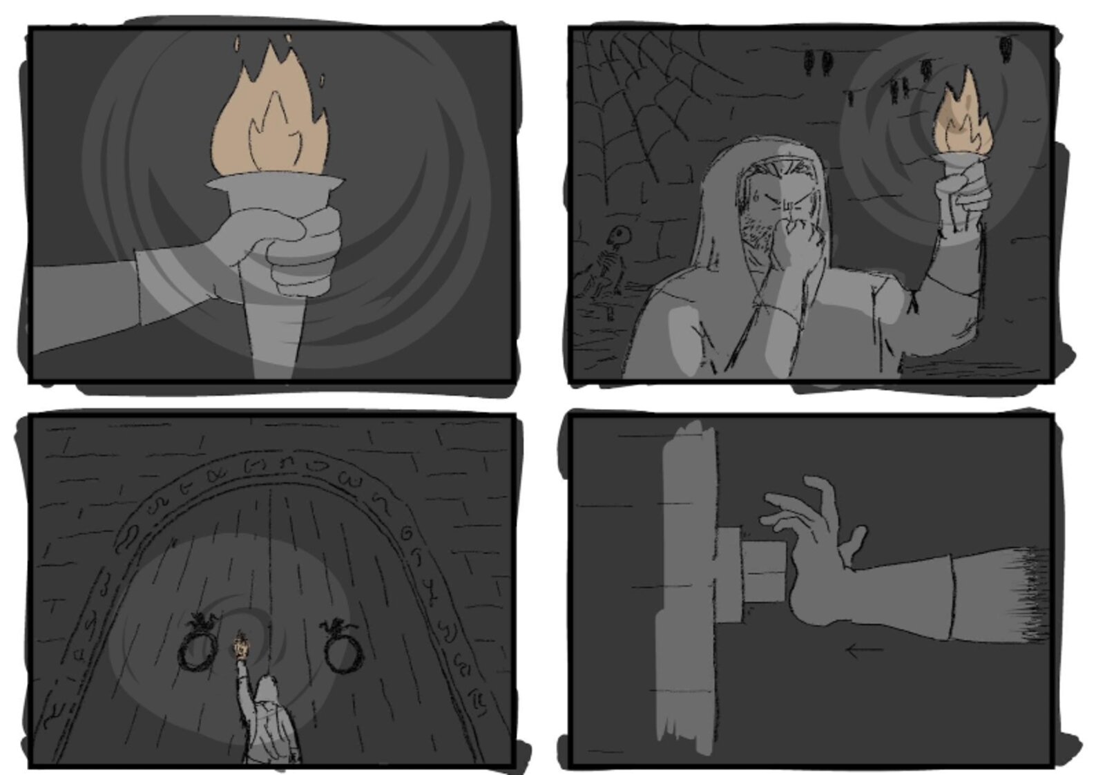 Storyboard panels — cave approach with torchlight