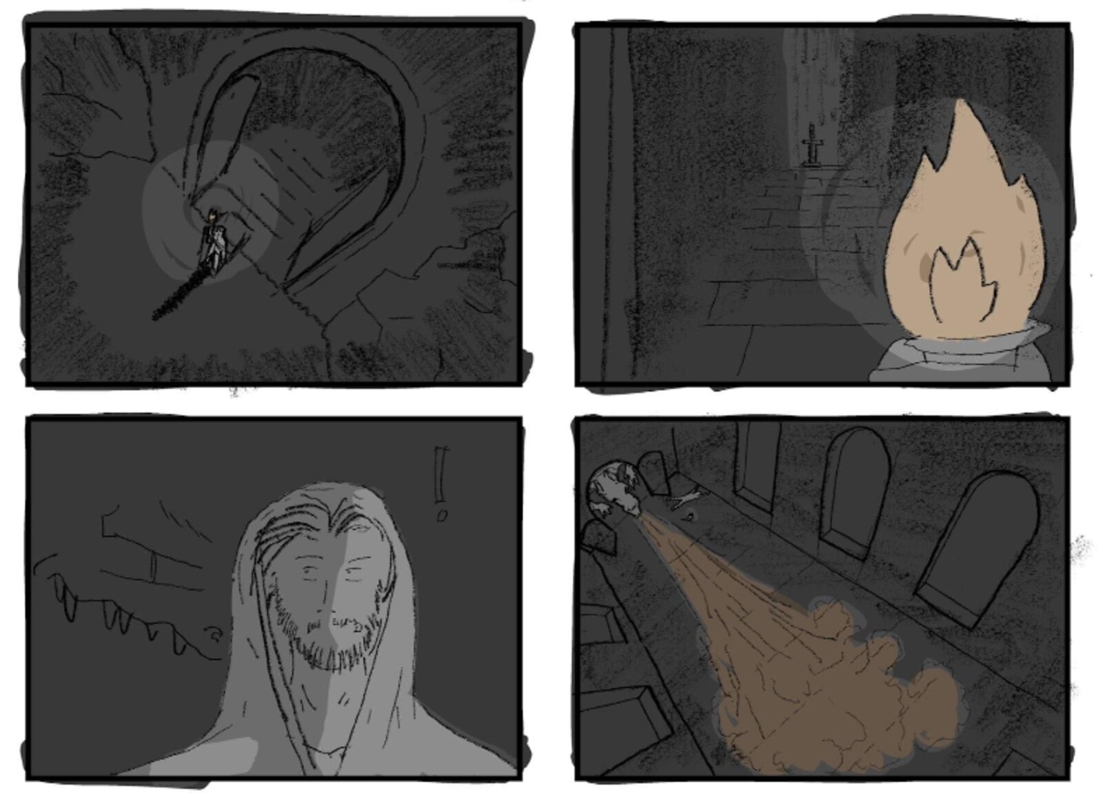 Storyboard panels — reveal and pursuit