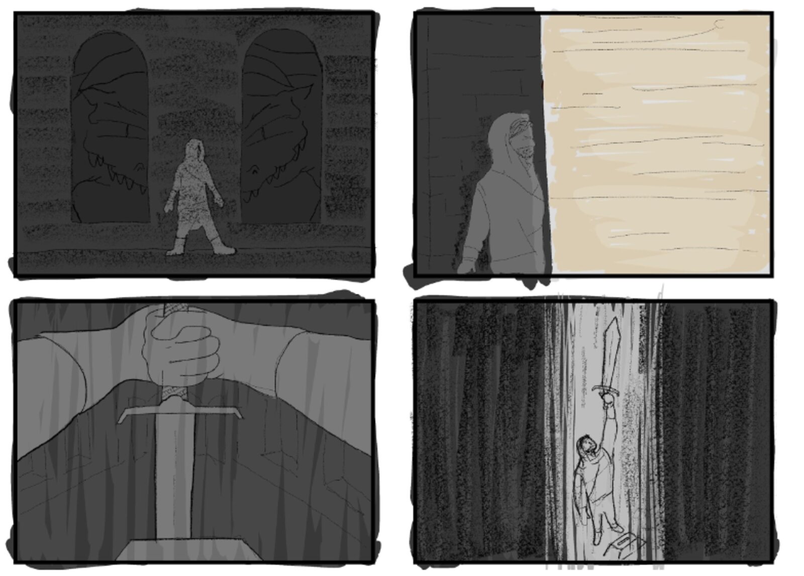 Storyboard panels — the sword