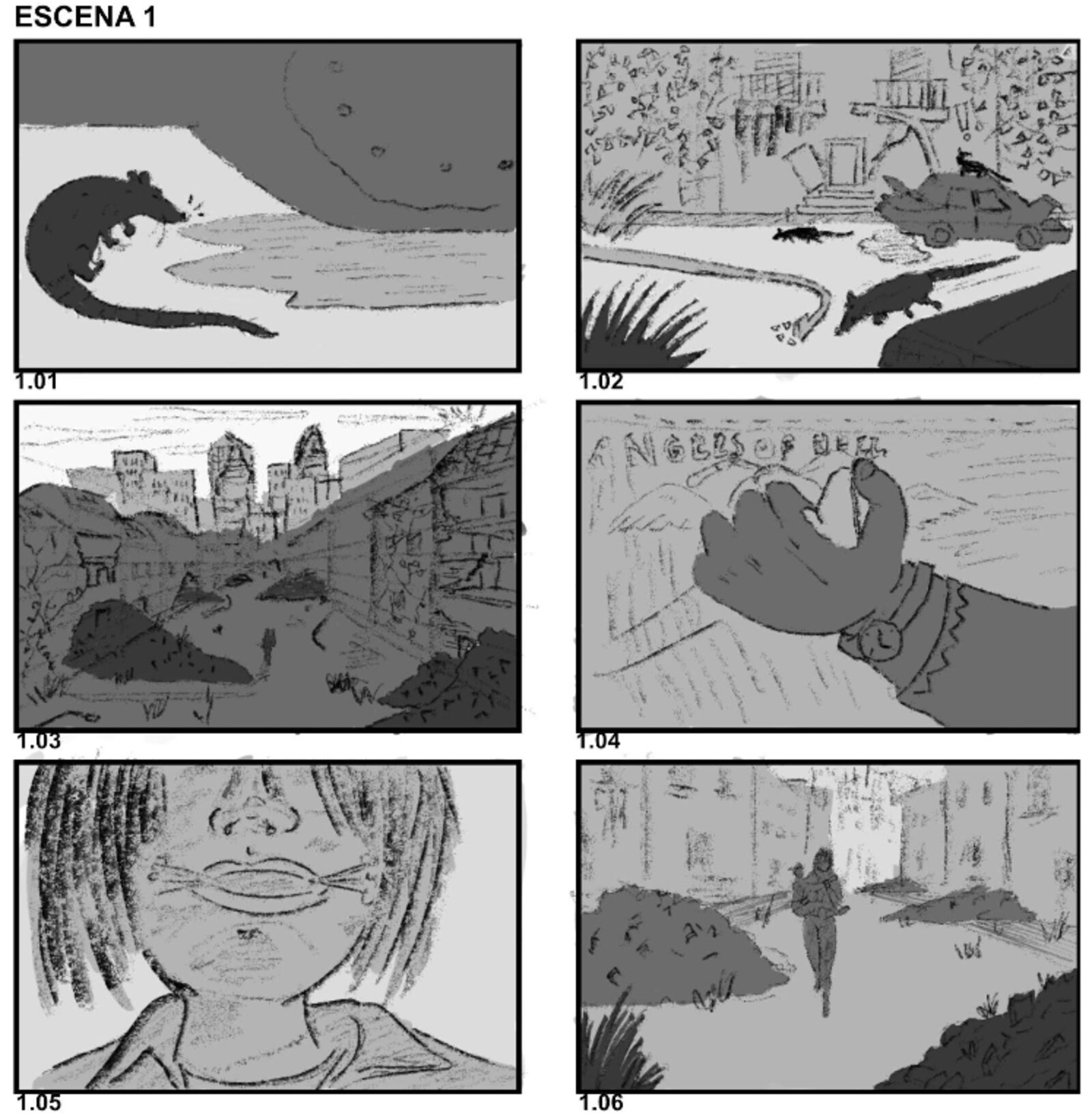 Storyboard panel grid — scene one, chase through the city