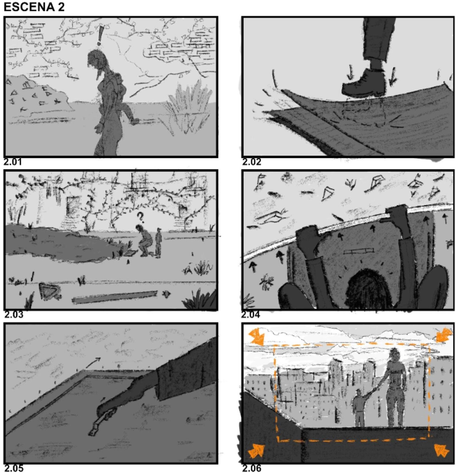 Storyboard panel grid — scene two, rooftop pursuit