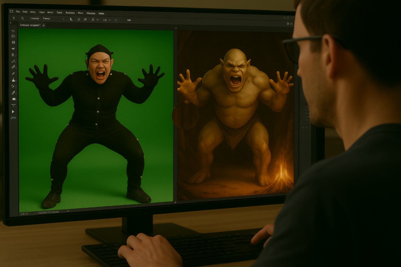 Performance capture reviewed against creature VFX